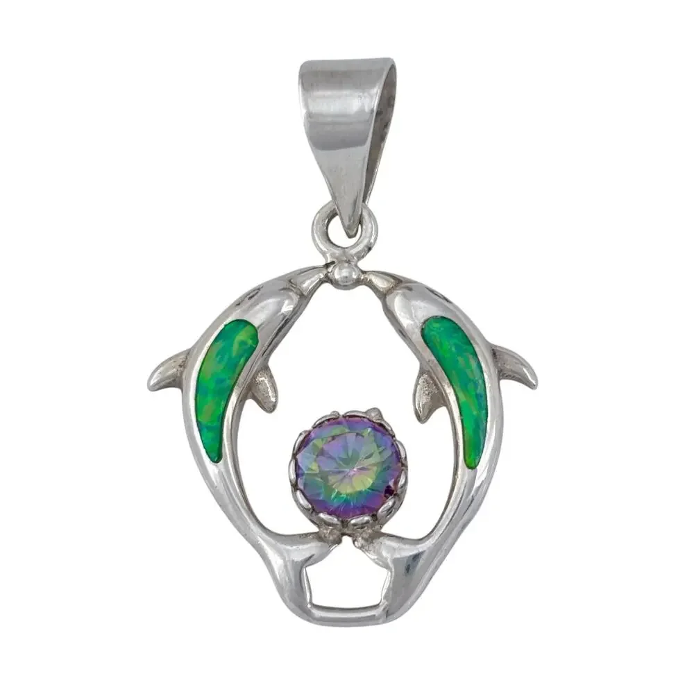 Vintage Sterling Silver 925 Green Opal Mystic Cubic Zirconia Dolphin Pendant